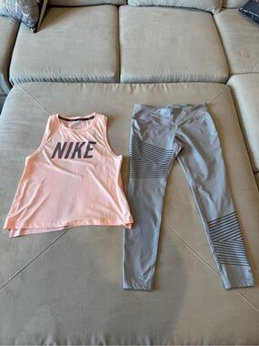 Nike Pink Muscle Tank with Gray Striped Leggings